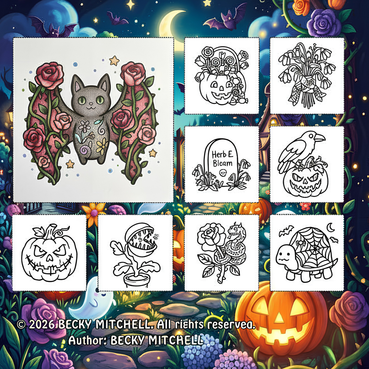 Spooky Blooms Coloring Book with Bat